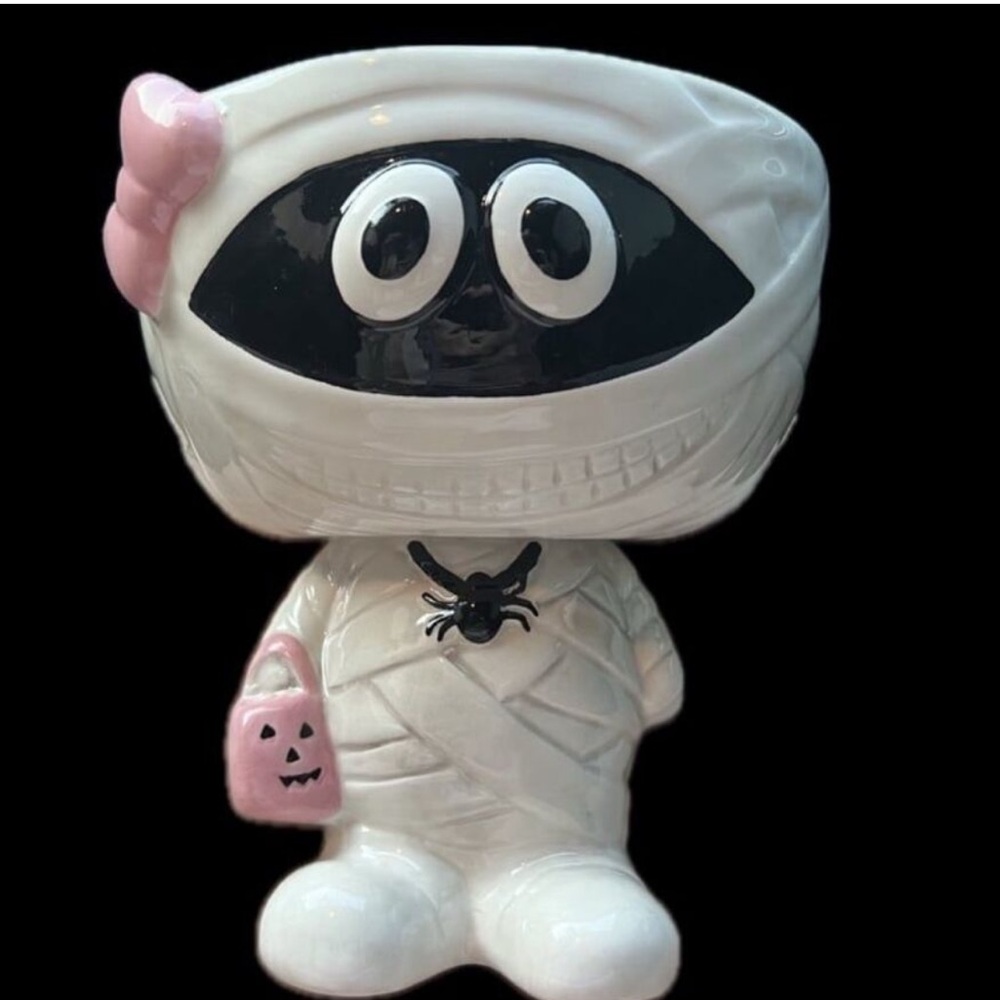 Pink Halloween Girl Mummy with Bow and Jack-o’-Lantern Ceramic Candy Bowl